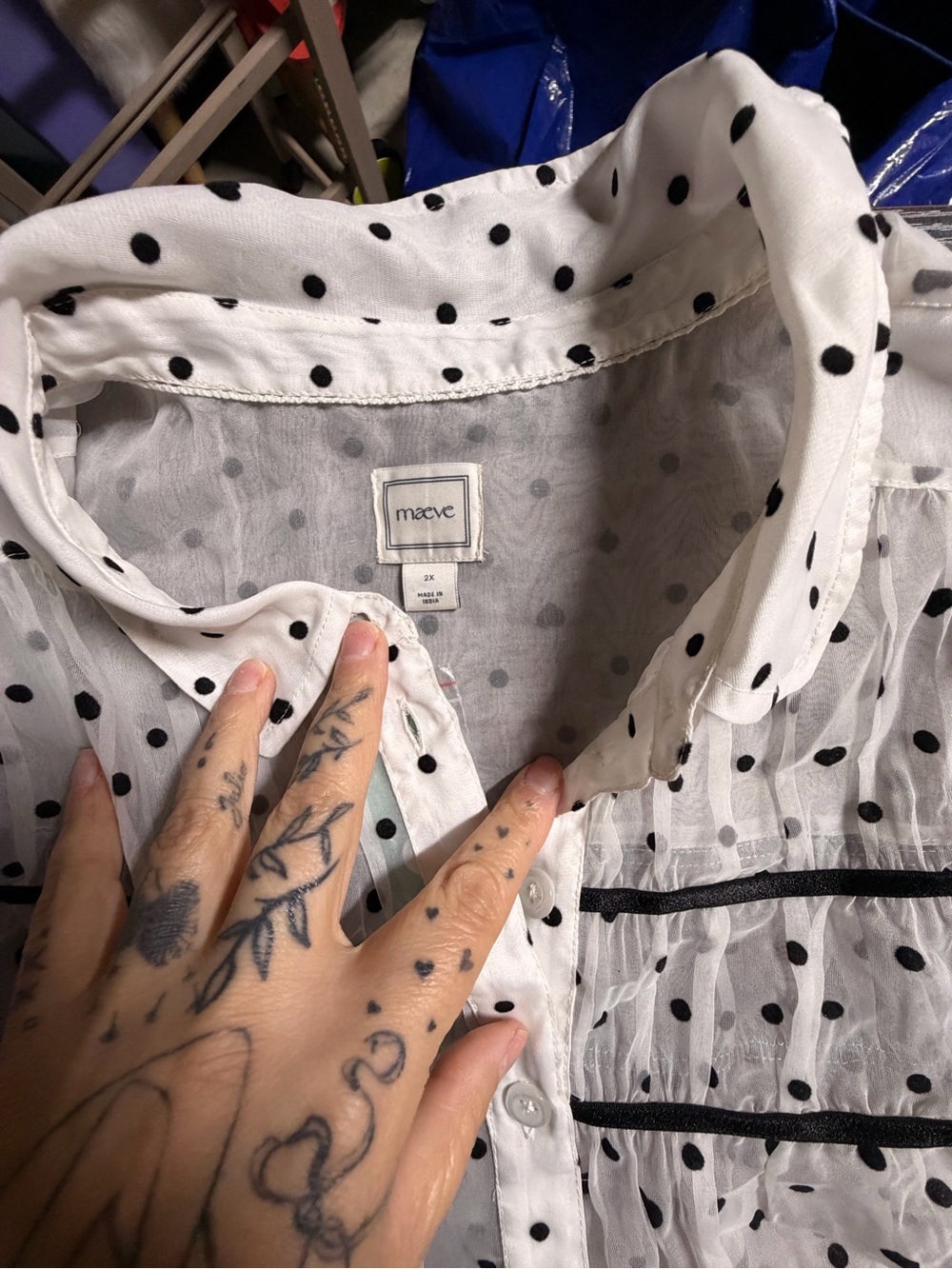 Maeve White Button-Down Blouse with Black Polka Dots
